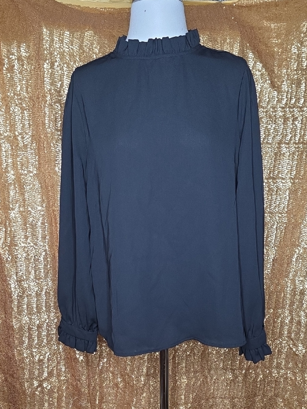 Zenana Outfitters Black Ruffle Mock-Neck Long Sleeve Blouse